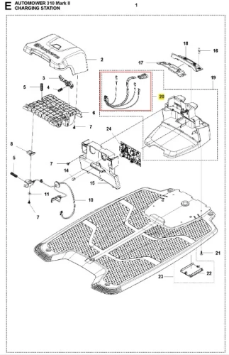 Wiązka elektryczna robota koszącego Automower 310 Mark II Husqvarna. Części w kolorze czarnym oraz szarym, widoczna elastyczna osłona. Fragment znajduje się na białym tle, ukazując szczegóły konstrukcyjne i punkty mocowania.