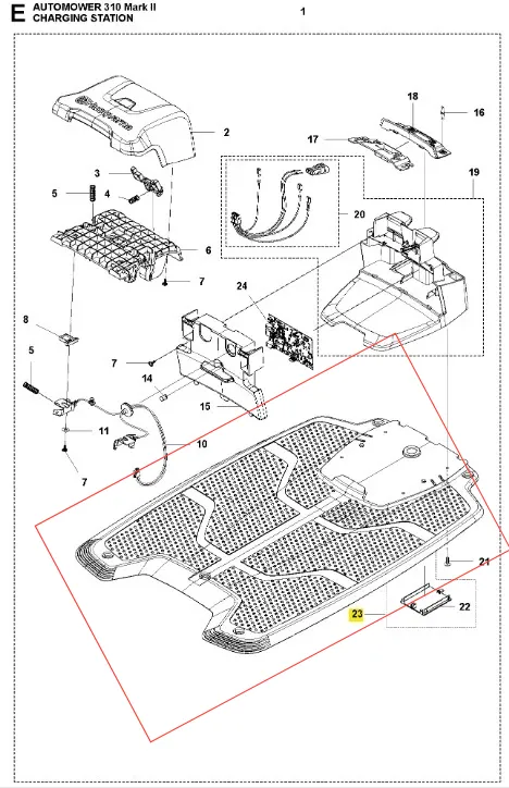 Płytka do robota koszącego Automower 310 Mark II Husqvarna, szara z plastiku, z przetłoczeniami, elementami mocującymi i złączami. Idealna do montażu w stacji ładującej.
