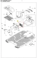 Stacja ładowania Automower 310 Mark II Husqvarna, przedstawiająca widok z góry. W centrum widoczna płytka elektroniczna z opisanymi detalami. Otoczenie stacji na białym tle z teksturowanym podłożem, oznaczenia i numerki części.
