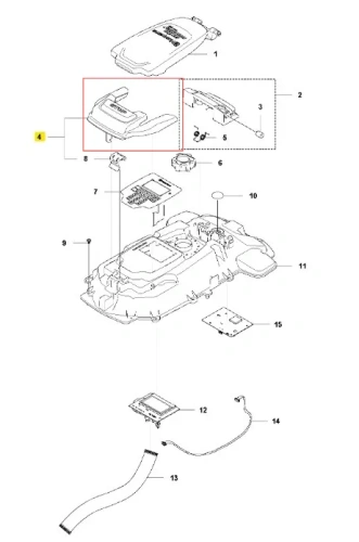 Przycisk stop robota koszącego Automower 310 Mark II Husqvarna w kolorze szarym, widoczny z góry, z prostokątnym kształtem oraz wyraźnymi oznaczeniami. Element montażowy z wyczuwalną fakturą, umieszczony w kontekście części robota.