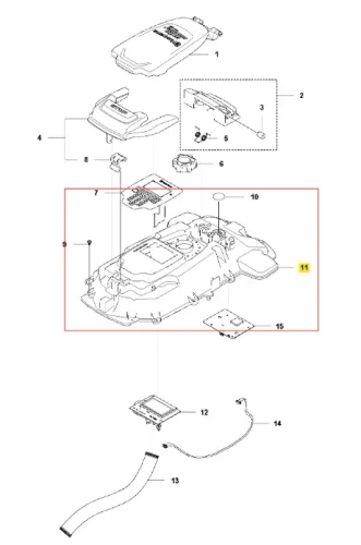 Dolna połowa podwozia robota koszącego Automower 310 Mark II Husqvarna w kolorze ciemnoszarym. Złożona konstrukcja z widocznymi otworami montażowymi. Prezentowana z góry, ukazująca detal i kształt. Stan nowy, w oryginalnym opakowaniu.