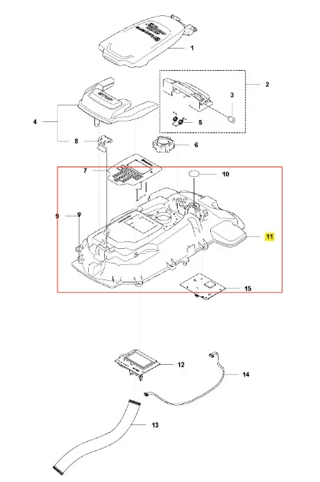 Dolna połowa podwozia robota koszącego Automower 310 Mark II Husqvarna w kolorze ciemnoszarym. Złożona konstrukcja z widocznymi otworami montażowymi. Prezentowana z góry, ukazująca detal i kształt. Stan nowy, w oryginalnym opakowaniu.