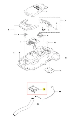 Wyświetlacz robota koszącego Automower 310 Mark II Husqvarna z boku, wykonany z plastiku z logo. Widoczny przewód i oznaczenia techniczne.