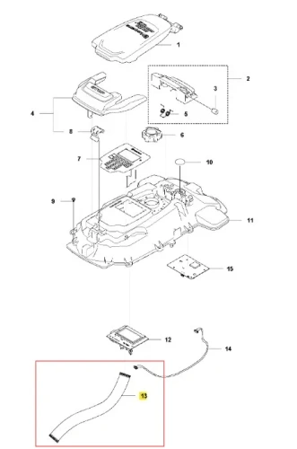 Przewód robota koszącego Automower 310 Mark II Husqvarna, elastyczny, o kształcie łukowym. Wykonany z tworzywa sztucznego, w kolorze szarym. Widoczny fragment ze złączem, ukazujący detal mocowania. Zestaw części zamiennych.