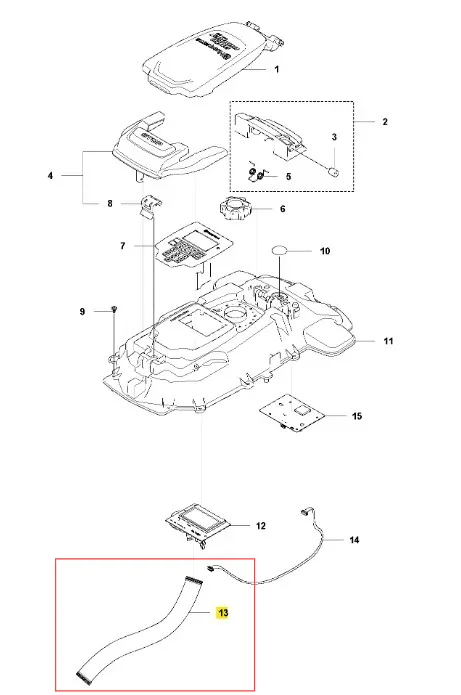 Przewód robota koszącego Automower 310 Mark II Husqvarna, elastyczny, o kształcie łukowym. Wykonany z tworzywa sztucznego, w kolorze szarym. Widoczny fragment ze złączem, ukazujący detal mocowania. Zestaw części zamiennych.