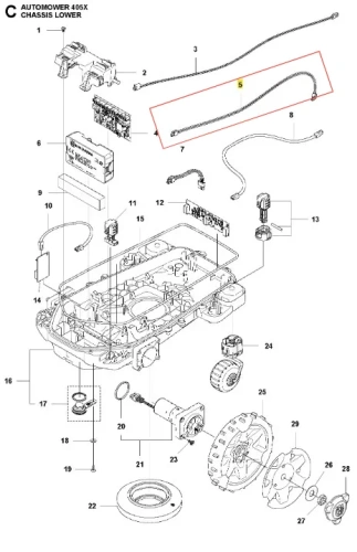 Przewody do ładowania robota Husqvarna Automower 405X, czarne, elastyczne, z metalowymi końcówkami i zaciskiem, oznaczone na schemacie jako numer 5, na białym tle, część montażowa.