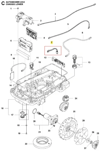 Schemat robota koszącego Automower 405X Husqvarna, z widocznymi elementami konstrukcyjnymi, takimi jak chassis, silnik, elementy elektroniczne oraz przewody. Widok z przodu, przedstawiający szczegóły montażowe oraz zamontowany akumulator.