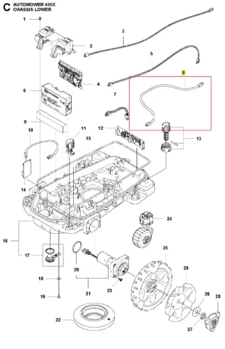 Elastyczny, czarny przewód do robota koszącego Automower 405X Husqvarna z dwoma końcówkami. Widok frontalny na białym tle, wyróżniony na schemacie podwozia, długość dopasowana do montażu.