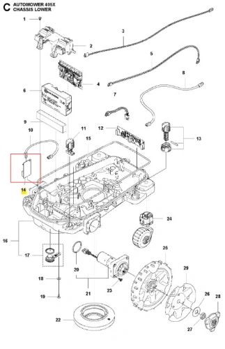 Płytka PCBA robota koszącego Automower 405X Husqvarna, z widocznymi elementami elektronicznymi, umieszczona na podłożu. Kształt prostokątny, gładkie wykończenie, z wyraźnymi złączami. W tle fragment obudowy urządzenia.