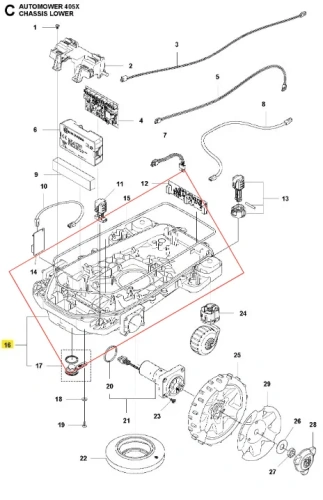 Podwozie Automower 405X Husqvarna z góry, pokazujące główną płytę z połączeniami elektrycznymi, otworami na kółka i elementami montażowymi, zapewniającymi łatwy dostęp do części.