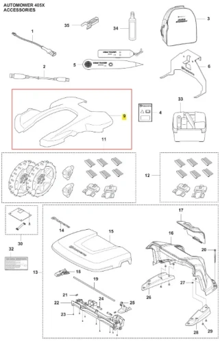 Obudowa robota koszącego Automower 405X Husqvarna w kolorze białym, wykonana z tworzywa sztucznego. Zbliżenie, frontalne ujęcie. Widoczne gładkie krawędzie i logo. Produkt złożony, bez dodatkowych akcesoriów, na białym tle.