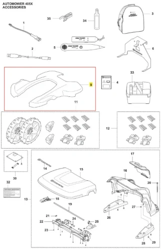 Szara obudowa robota koszącego Automower 405X Husqvarna, o aerodynamicznym kształcie, wykonana z trwałego plastiku. Ujęcie z boku, prezentujące detale wystających mocowań. Tło jasne, co podkreśla produkt. Widoczne logo Husqvarna na obudowie.