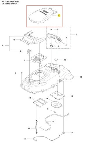 Klapa górna do robota koszącego Automower 405X Husqvarna, ciemnoszara, ergonomiczna, z otworami montażowymi, logo i detalami technicznymi na jasnym tle, ukazująca ważne elementy konstrukcyjne.
