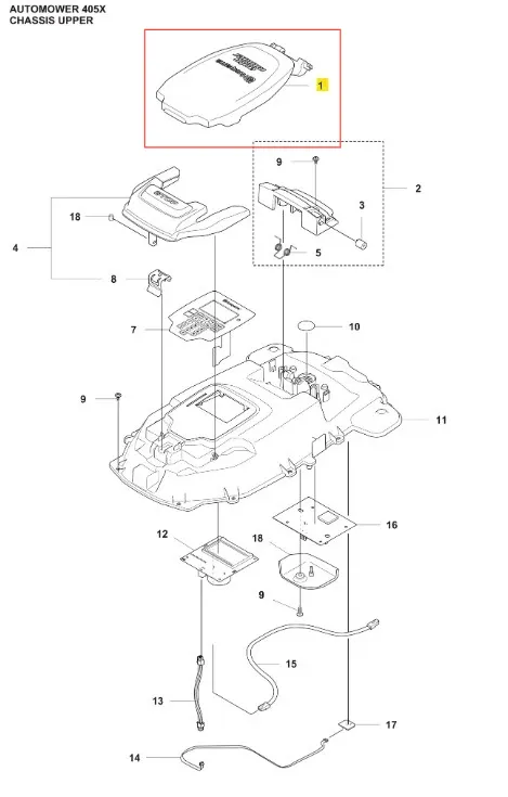 Klapa górna do robota koszącego Automower 405X Husqvarna, ciemnoszara, ergonomiczna, z otworami montażowymi, logo i detalami technicznymi na jasnym tle, ukazująca ważne elementy konstrukcyjne.