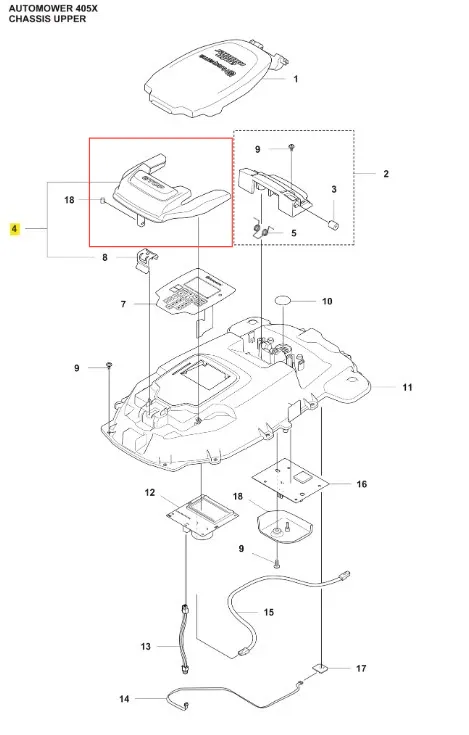 Czarny plastikowy przycisk stop do Husqvarna Automower 405X, ergonomiczny, widok z góry z mocowaniami, część zamienna robota koszącego.