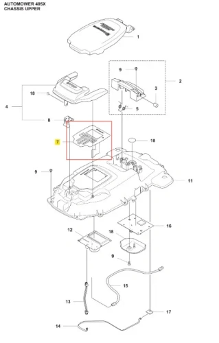 Klawiatura robota koszącego Automower 405X Husqvarna widziana z góry, złożona. Widoczne metalowe części, przewody i mocowania w górnej obudowie, pokazujące szczegóły konstrukcji na białym tle.