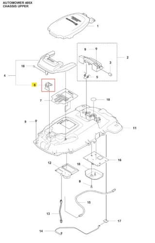 Sprężyna do robota koszącego Automower 405X Husqvarna, widoczna w detalach z boku. Wykonana z metalu, o prostej budowie. Użyta jako element mocujący, umieszczona na podłożu z przekrojem podwozia. Tło białe, co podkreśla szczegóły konstrukcji.