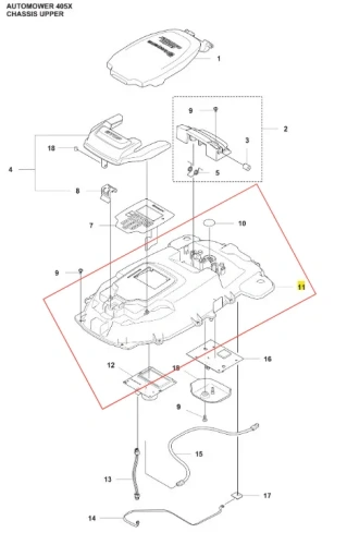 Podwozie robota koszącego Automower 405X Husqvarna z szarą plastikową obudową przód/tył, montażowe elementy i przewody w dolnej części, układ zbliżeniowy z oznaczeniami części.