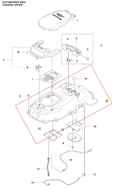 Podwozie robota koszącego Automower 405X Husqvarna z szarą plastikową obudową przód/tył, montażowe elementy i przewody w dolnej części, układ zbliżeniowy z oznaczeniami części.