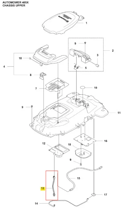 Instalacja elektryczna robota koszącego Husqvarna Automower 405X, składająca się z górnej obudowy, z widocznymi elementami, takimi jak złącza, mocowania oraz kabel. Produkt przedstawiony z perspektywy z góry w detalach, na białym tle.