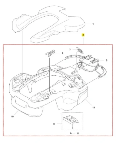Zestaw obudowy robota koszącego Automower 405X Husqvarna z górną częścią, mocowaniami, miejscem na akumulator i złącza, szczegółowy rysunek na białym tle podkreślającym detale.