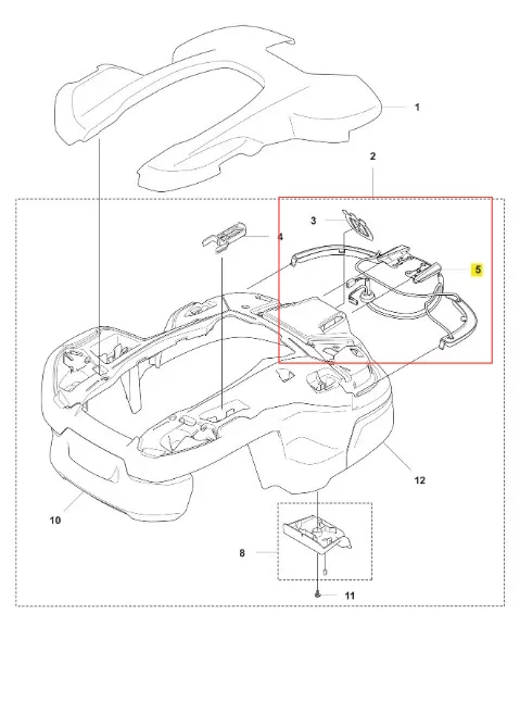 Widok z góry instalacji elektrycznej robota koszącego Automower 405X Husqvarna w kolorach czarnym i szarym, z oznaczonymi numerami przewodami, złączami i kontrolerem.