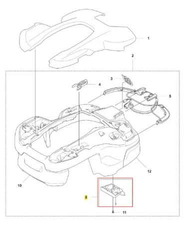 Zestaw uchwytów robota koszącego Automower 405X Husqvarna, złożony fragment głównej części z oznaczeniami. Elementy metalowe i plastikowe w szaro-czarnych kolorach, widok z góry na detale montażowe i miejsca na przewody.