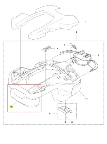 Zderzak robota koszącego Automower 405X Husqvarna w kolorze czarnym, z wyprofilowanym kształtem. Ujęcie z góry, ukazujące mocowanie, komponenty i detale konstrukcyjne. Elastyczny materiał, elementy montażowe czytelnie widoczne.