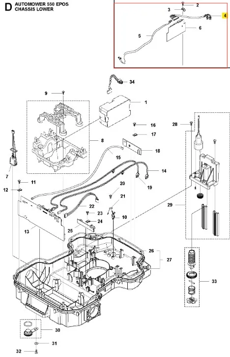 Schemat dolnego podwozia Husqvarna Automower 550 EPOS, widok boczny, ciemnoszary, z detalami montażowymi, elementami elektrycznymi, osłonami i oznaczeniami części.