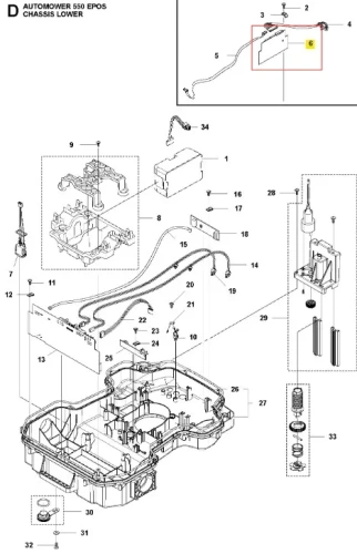 Skrzynka dolna do robota koszącego Automower 550 EPOS Husqvarna w kolorze szarym. Złożona, z widocznymi elementami montażowymi, gniazdami, wypustkami i przyłączami, na białym tle z przewodami i komponentami.