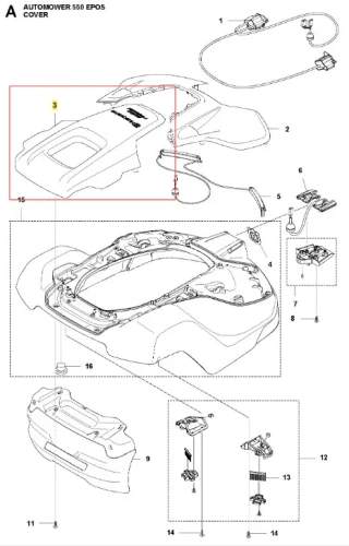Szara obudowa robota koszącego Automower 550 EPOS Husqvarna z widocznym logo, otwarta, z detalami montażowymi i zestawem akcesoriów, w tym przewodem i mocowaniami.