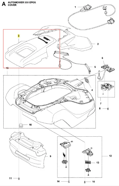Szara obudowa robota koszącego Automower 550 EPOS Husqvarna z widocznym logo, otwarta, z detalami montażowymi i zestawem akcesoriów, w tym przewodem i mocowaniami.