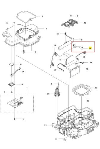 Schemat instalacji elektrycznej robota koszącego Automower 535 AWD Husqvarna z płytą bazową, elementami montażowymi, kablami i złączami oznaczonymi numerami na białym tle dla lepszej widoczności.
