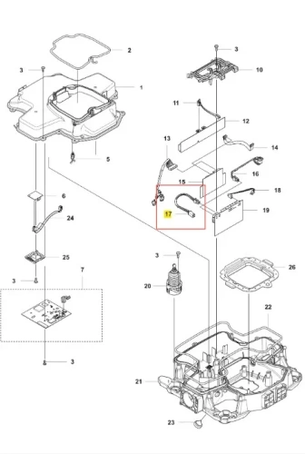 Zestaw komponentów instalacji elektrycznej do robota koszącego Automower 535 AWD Husqvarna, z czarnym przewodem złączeniowym z żółtą końcówką (element 17), na jasnym tle, schemat z numeracją.