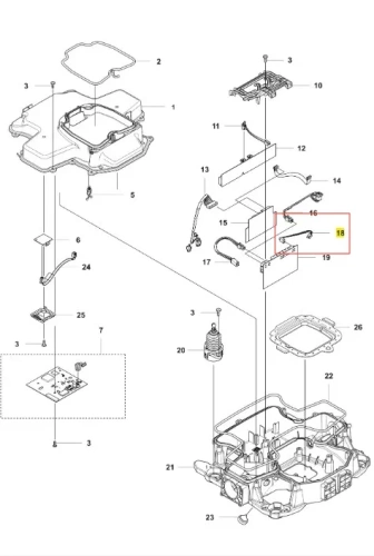 Rysunek schematu instalacji elektrycznej robota koszącego Automower 535 AWD Husqvarna. Widoczne elementy, takie jak moduł sterujący, kable i złącza, w kolorze czarnym oraz transparentnym. Elementy ułożone w sposób zorganizowany, na białym tle.