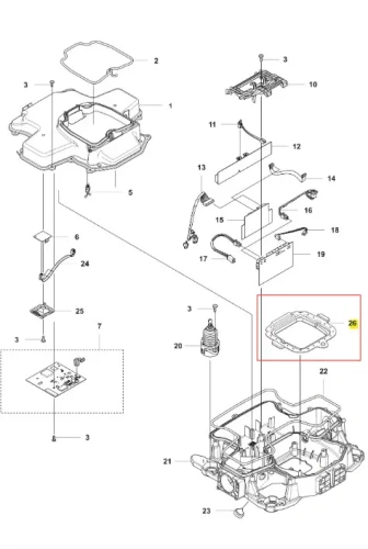 Uszczelka do robota Husqvarna Automower 535 AWD, prostokątna, elastyczna, zabezpiecza mechanizmy przed zanieczyszczeniami, widoczna z góry i otoczona innymi elementami zestawu.