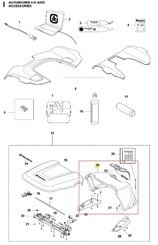 Szara obudowa robota koszącego Automower 535 AWD Husqvarna, front, złożona, z logo. W zestawie akcesoria montażowe i instrukcja na jednolitym tle.