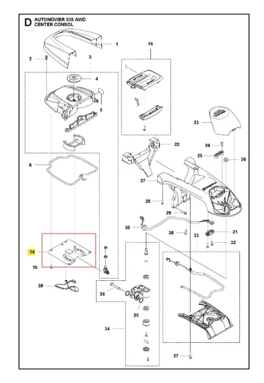 Płytka robota koszącego Automower 535 AWD Husqvarna, czarna, prostokątna z okrągłymi otworami i numerem, centralnie na schemacie, do montażu w obudowie robota.