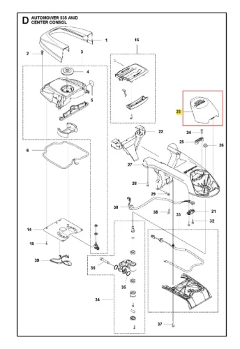 Szara osłona do robota koszącego Automower 535 AWD Husqvarna, z otworami wentylacyjnymi, montowana w konsoli centralnej, wykonana z tworzywa, pokazana z boku na prostym tle.