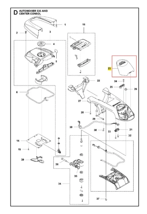 Szara osłona do robota koszącego Automower 535 AWD Husqvarna, z otworami wentylacyjnymi, montowana w konsoli centralnej, wykonana z tworzywa, pokazana z boku na prostym tle.