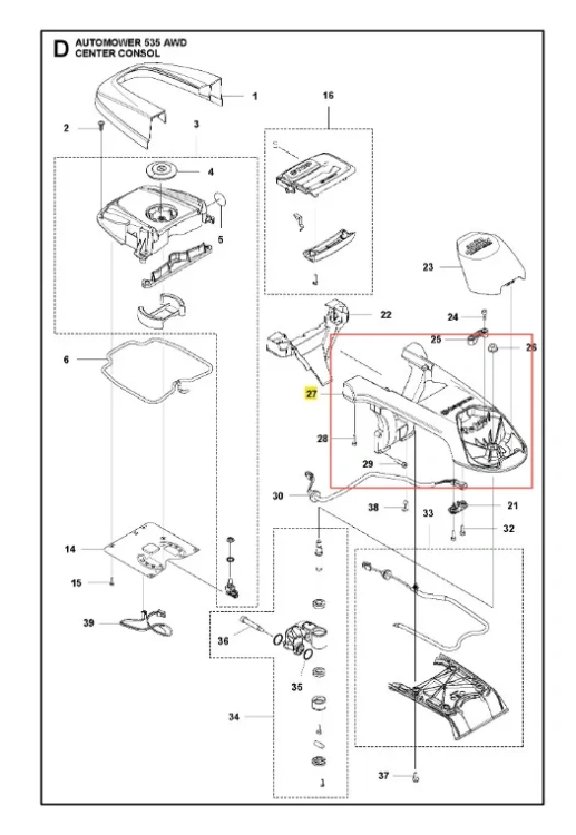 Łącznik robota koszącego Automower 535 AWD Husqvarna, czarny z tworzywa, widok boczny z detalami mocowań i przestrzeniami na instalację, na jednolitym tle.