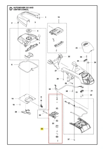Ramię robota koszącego Automower 535 AWD Husqvarna, ciemnoszare z jasnoszarymi detalami, plastikowe, widok z przodu z mocowaniami i oznaczeniami funkcji na jednolitym tle.