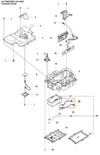 Schemat tylny podwozia robota koszącego Automower 535 AWD. Widoczne elementy takie jak obudowa, płyta bazowa oraz szczegóły mocowania. Wyróżniona cześć to przewód elektryczny. W tle brak innych przedmiotów.