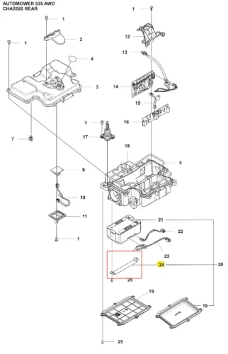Wspornik robota koszącego Automower 535 AWD Husqvarna, metalowy element w kolorze szarym, został przedstawiony z boku. Ujęcie pokazuje detale mocowania oraz długość 24 cm. Produkt umieszczony na neutralnym tle, bez dodatkowych akcesoriów.