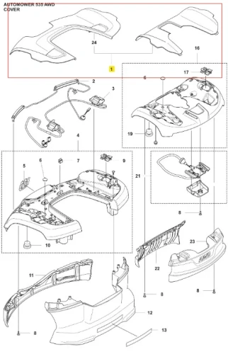 Pomarańczowa obudowa robota koszącego Automower 535 AWD Husqvarna, widok z góry z widocznymi konturami, elementami montażowymi i detalami konstrukcji oraz teksturą materiału.