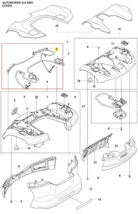 Oświetlenie LED do robota koszącego Automower 535 AWD Husqvarna, z boku, na białym tle. Elementy zawierają przewody i złącza. Wyróżnia się smukły, prostokątny kształt z widocznymi detalami mocowania. Przeznaczone do montażu w jednostce.