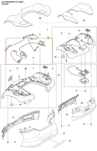 Zestaw części do robotów koszących Automower 535 AWD Husqvarna. Na schemacie widać pokrywę w zakresie widoku z boku i z góry, z widocznymi elementami montażowymi oraz przewodami. Całość w kolorze czarnym i szarym, z wyraźnymi detalami.