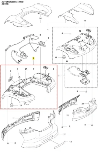 Czarna obudowa robota koszącego Automower 535 AWD Husqvarna z widocznymi detalami, mocowaniami i złączami na białym tle, widok z góry eksponujący układ funkcjonalnych elementów.