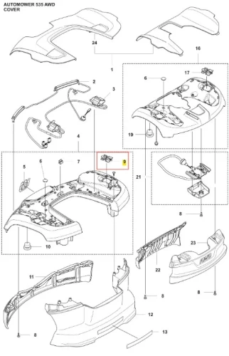 Uchwyt do robota koszącego Automower 535 AWD Husqvarna, czarny, z boku na białym tle. Widoczne mocowania oraz detale konstrukcyjne i wypustki montażowe.