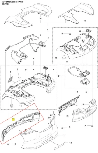 Szary zderzak Husqvarna Automower 535 AWD, widok frontalny, leżący na płasko. Detale: wloty powietrza, logo Husqvarna. Czyste tło umożliwia ocenę szczegółów.